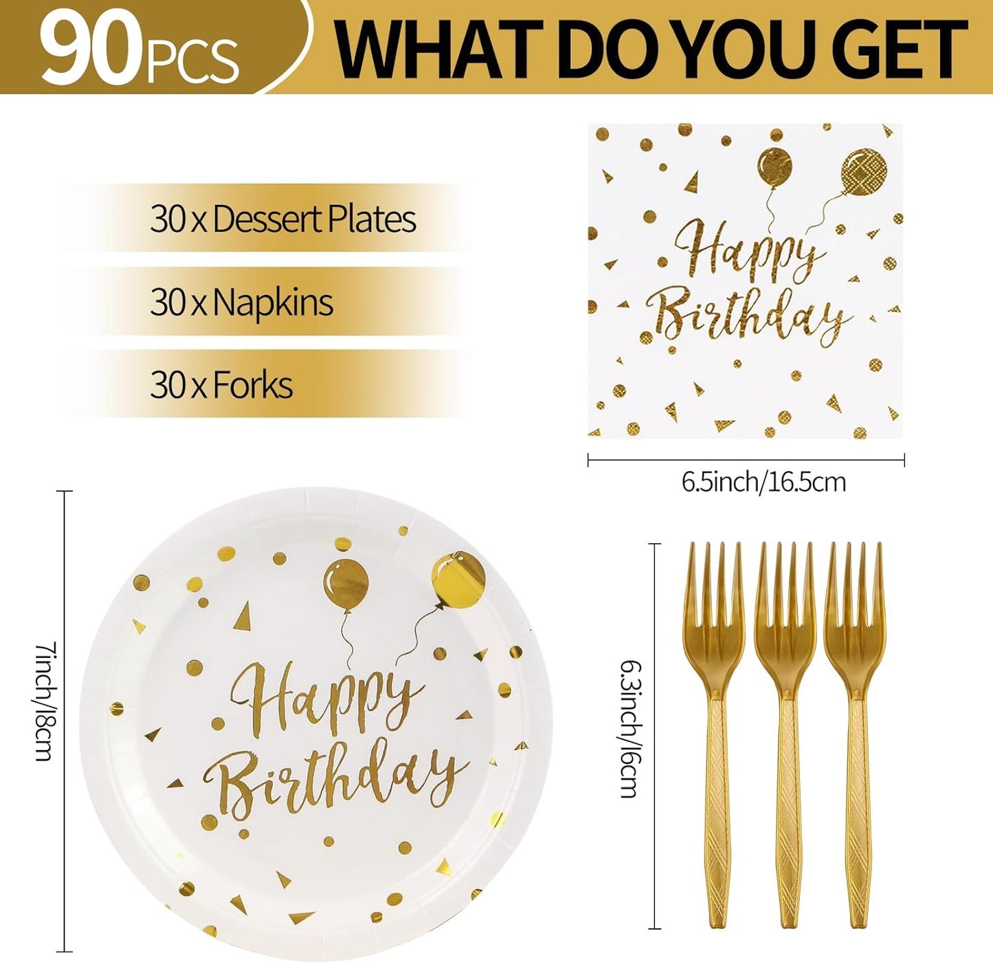 90PCS Happy Birthday Plates and Napkins Party Supplies, Disposable White Gold Dot Dessert Paper Plates Napkins with Forks Tableware Set Party Decorations for Girl Women Birthday Parties