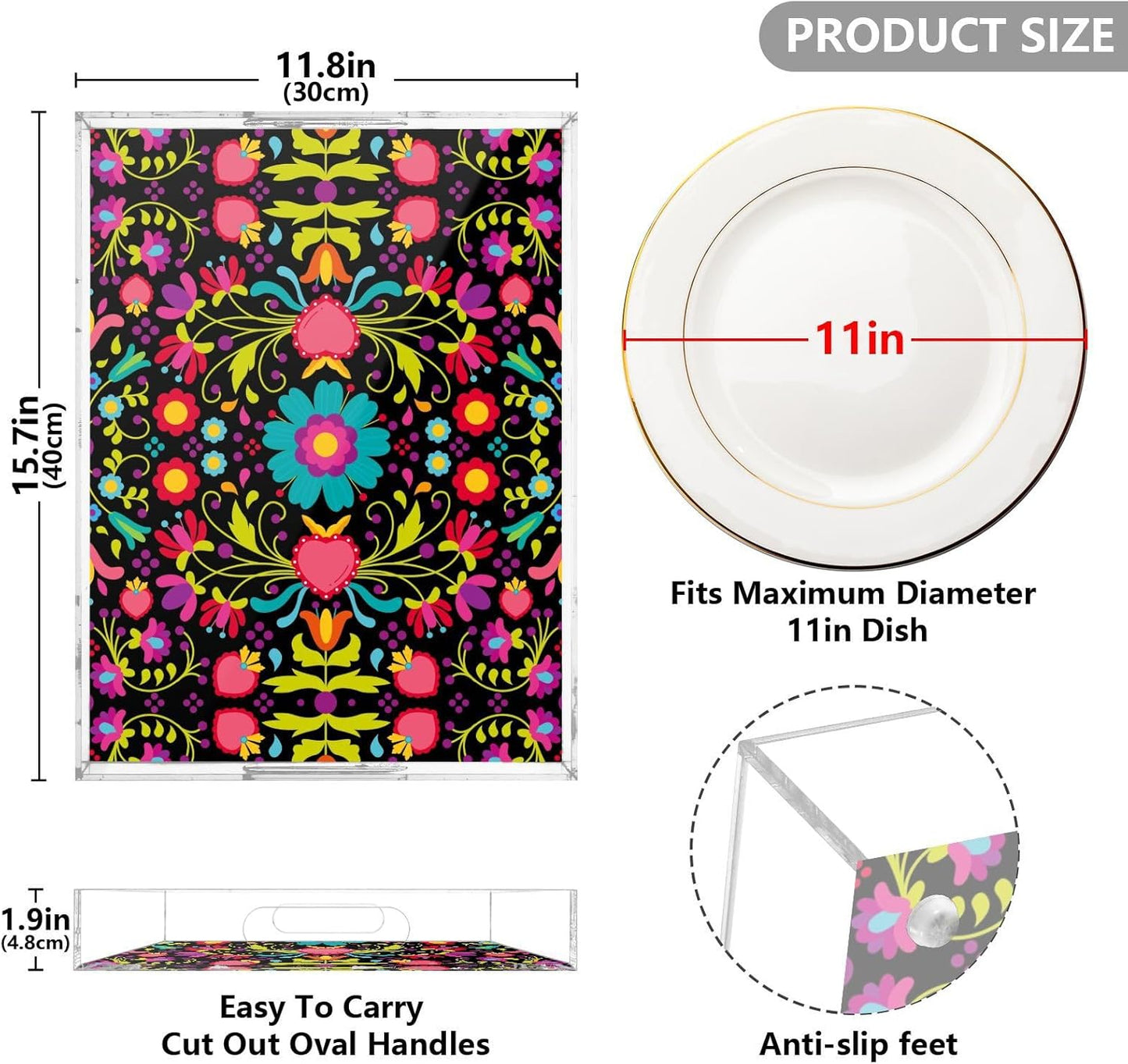 Acrylic Serving Tray with Handles Spill Proof Kitchen Storage Tray Clear Decorative Tray Makeup Drawer Organizer Storage Tray for Bathroom Living Room Ottoman 15.7x11.8Inches