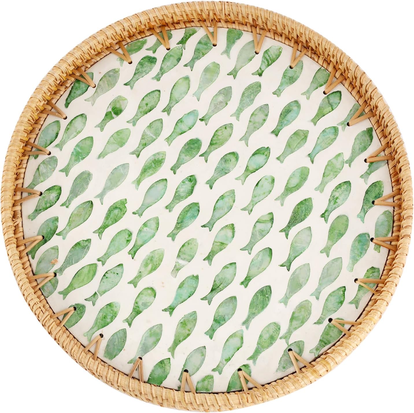 Round Rattan Tray with Mother of Pearl Inlay, Rattan Serving Tray for Coffee, Bread, Fruits, Decorative Wicker Tray for Table Decor, Home Decor, Kitchen Island Decor (Round Green Fish, 11.8")