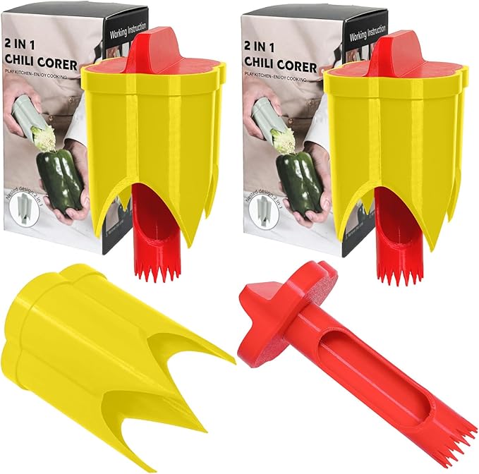 Pepper Corer, 2 in 1 Red Bell Pepper Seed Corer Remover Tool, Fruit & Vegetable Corers Quick Cave Tools for Jalapeno Cutter Deseeder, Red Yellow, 2 PCS