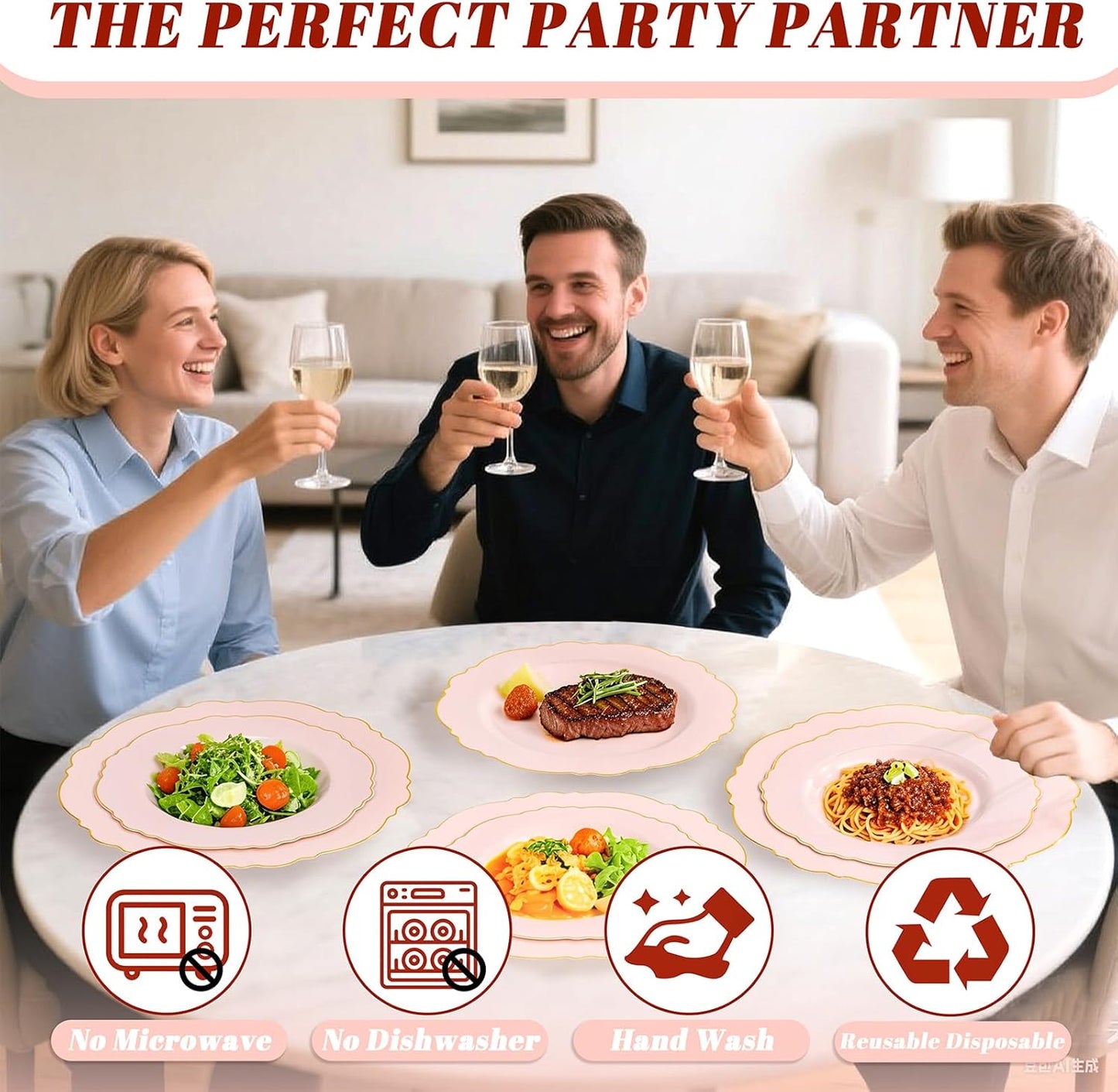 WDF 100pcs Pink Plastic Plates - High-end Baroque Design - Pink and Gold Plates for Upscale Party & Baby Shower - Including 50 Disposable Plate 10.25inch, 50Salad Plate 7.5inch