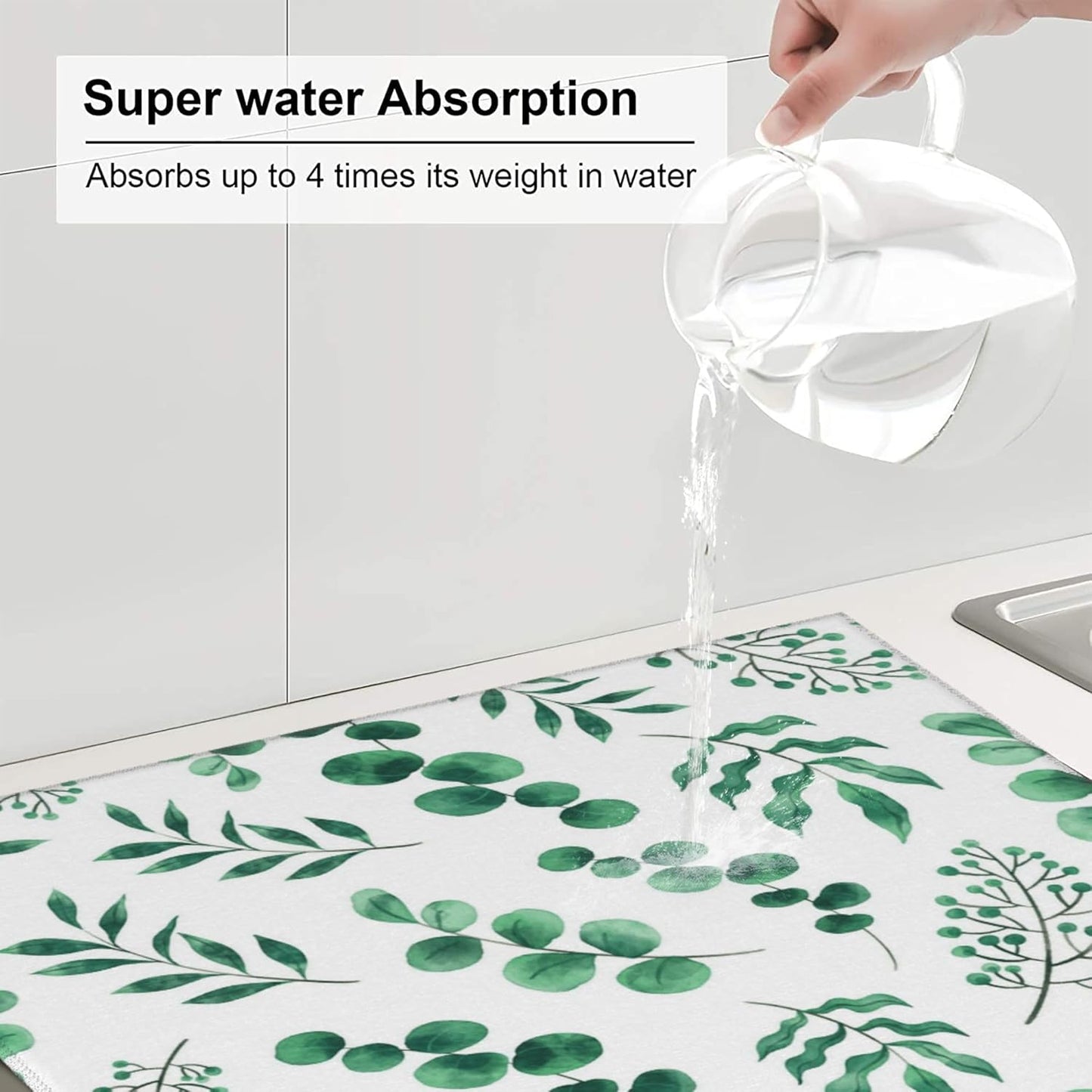 Watercolor Plant Green Leaves Dish Drying Mat for Kitchen Counter, 16"x18" Microfiber Absorbent Fast Dry Mat, 2Pcs Dish Mat Faucet Mats Sets, Large Drying Kitchen Mat Kitchen Drying Pad