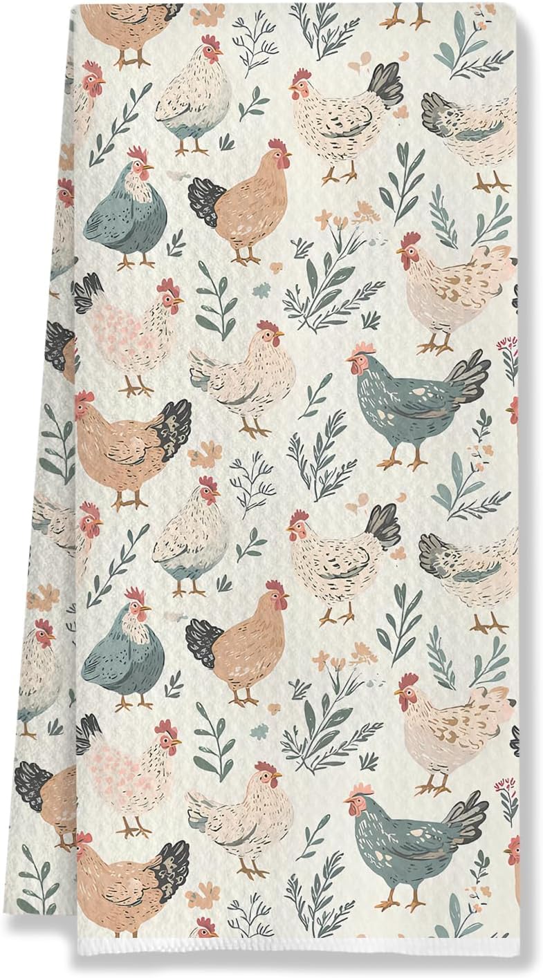 Farmhouse Chicken Kitchen Towels, Chicken Lover Mom Lady Gifts Decorative Dish Tea Towels for Kitchen, Cottagecore Farm Animal Hens Hand Towels for Bathroom, 16x24 Inches