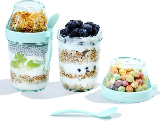 Felli On the Go Yogurt Parfait Snack Cups with Lid, Reusable Acrylic Travel Jars for Chia Pudding, Portion Control Breakfast & Lunch Containers, Small Fridge Food Storage (2, Green)
