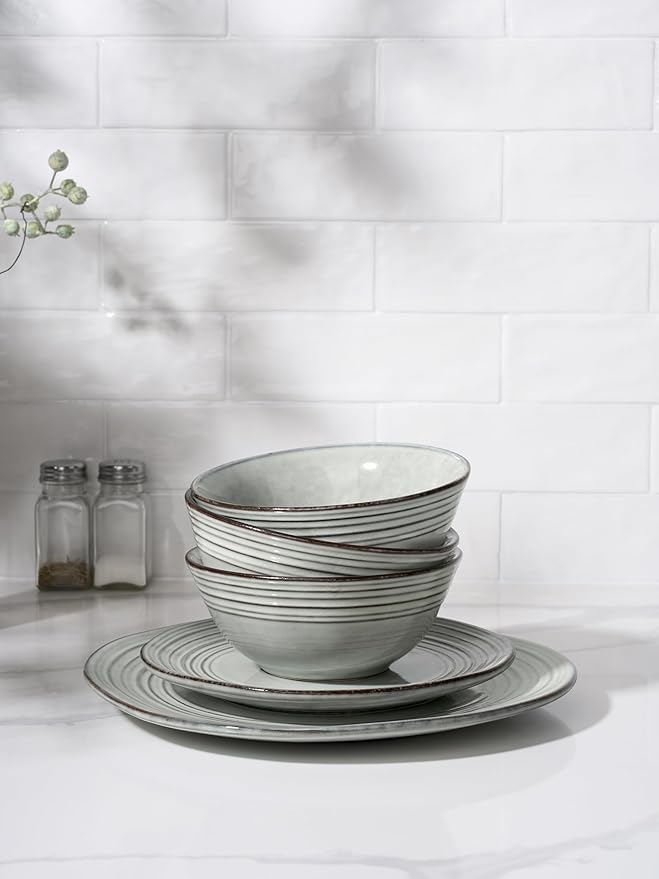 Famiware Plates and Bowls Sets 24-Piece Stoneware Dinnerware Sets, Dishes Set for 8, Hand-made Reactive Glaze Dish Set, Twilight Series, Ashy Blue