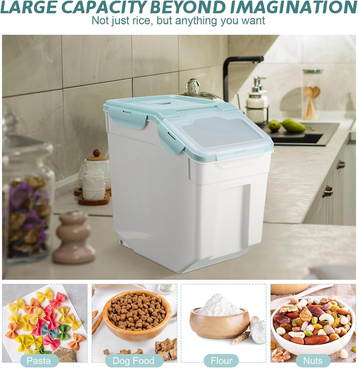 Sunnyray 4 Pcs 55 lbs Grain Rice Storage Container Blue Flour Bin with Wheels Cup Leak Proof Pet Food Storage Boxes Seal Locking Lid Plastic Rice Containers Set for Cereal Flour Cat Dog Food Kitchen