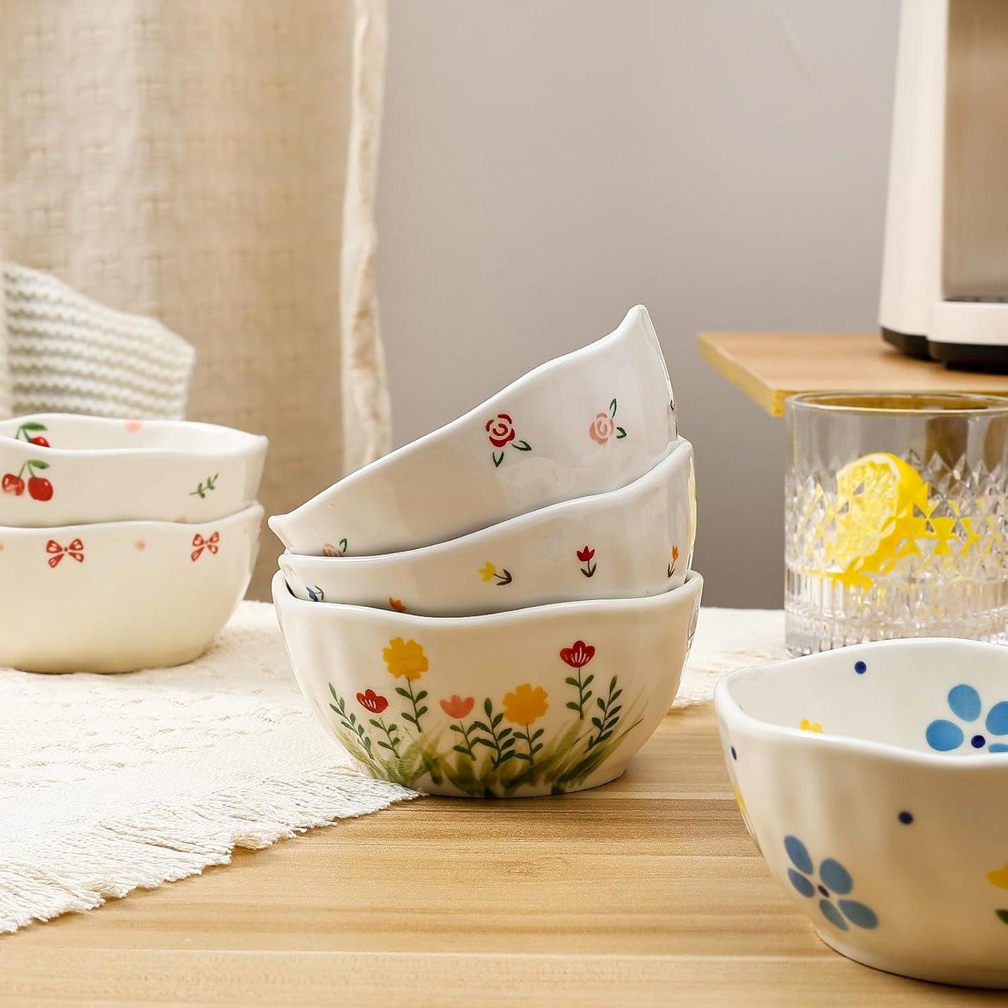 Koythin Ceramic Cereal Bowl, Cute Flowers Pattern Kitchen Bowls for Cereal, Salad, Pasta, Soup, Dessert, Serving, Home Decor, Microwave and Dishwasher Safe (Pink Flowers and Cherry)