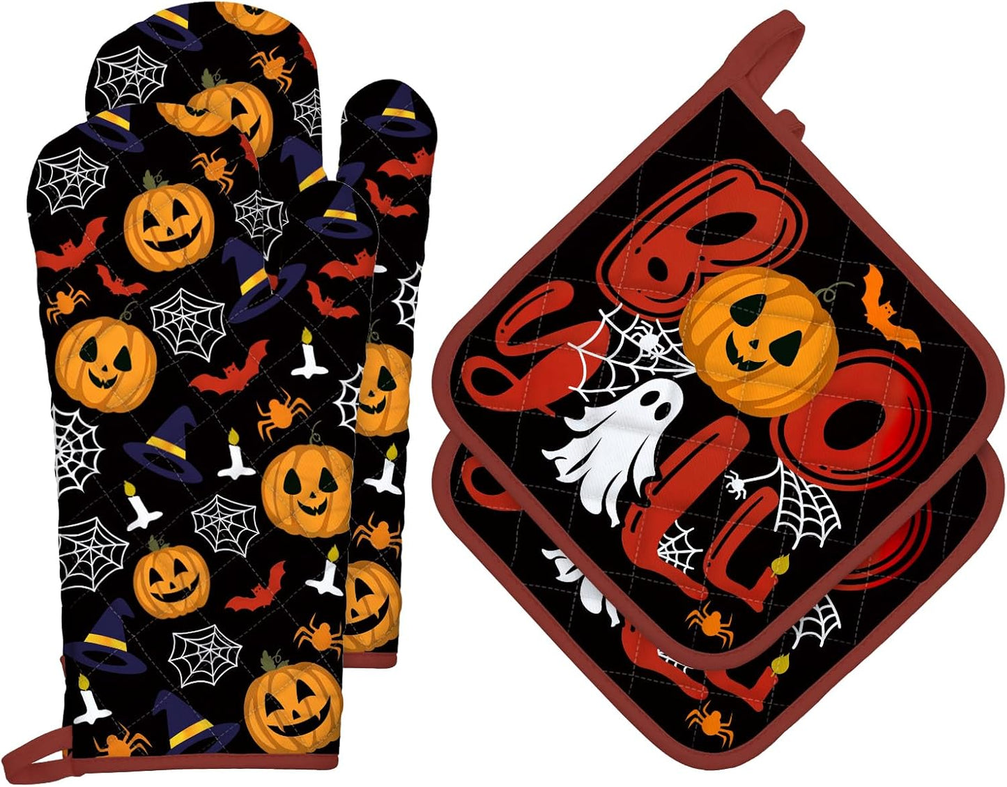 Halloween Pumpkin Oven Mitts and Pot Holders Sets 4Pcs, 100% Cotton Heat Resistant, Extra Long Oven Gloves Potholder for Kitchen Cooking Baking Decoration