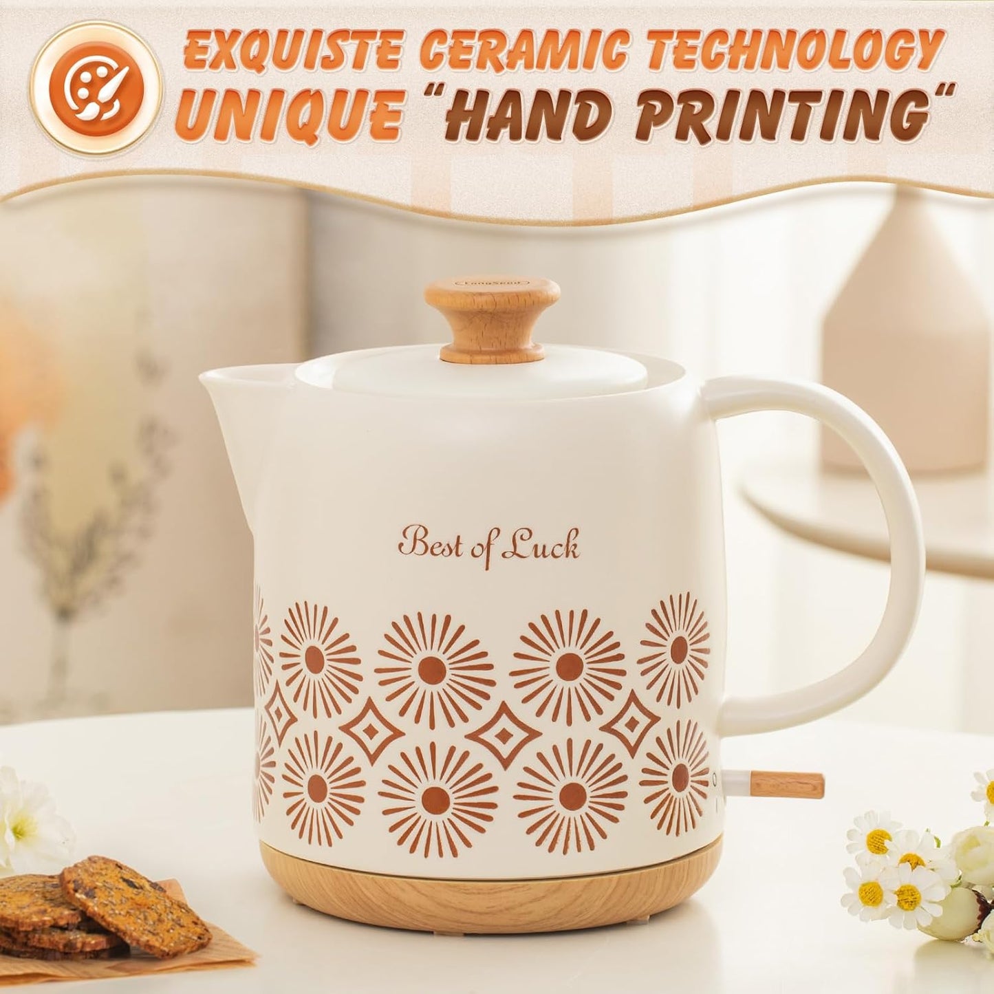 Ceramic Electric Kettle 1 Quarts, Automatic Shut Off, Porcelain Teapot, Hot Water Electric Boiler with LED Light, Boil Dry Protection, Short Spout 1000W Rapid Boiling Water for Tea Coffee