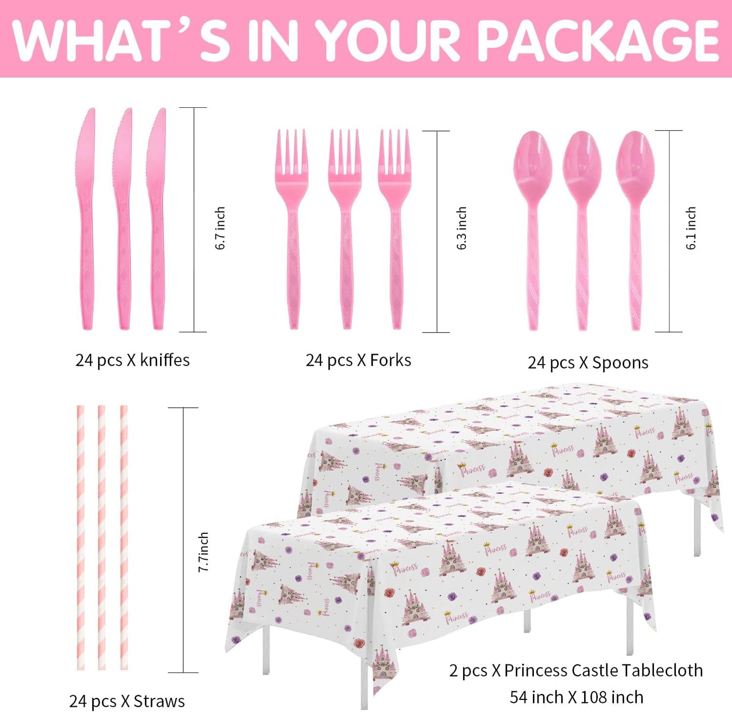 Princess Party Decorations Tableware - Princess Birthday Party Supplies Include Plates, Cups, Napkins, Tablecloth, Cutlery, Straw, Girl Birthday Baby Shower Party Decorations | Serve 24