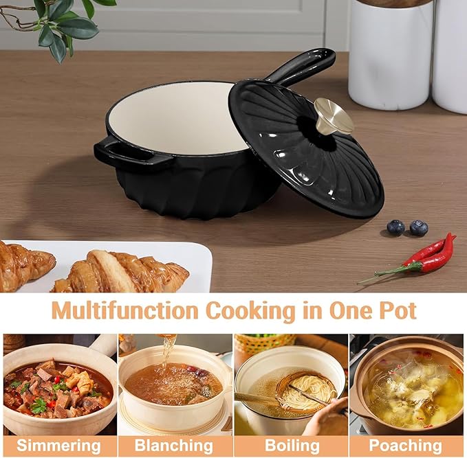 Enameled Cast Iron Sauce Pan, 2 Quart Enameled Saucepan with Lid, Mini Dutch Oven Enamel Saucepan for Cooking Pasta Sauce, Gravy, Puddings, Marinate, Boiling (Black)