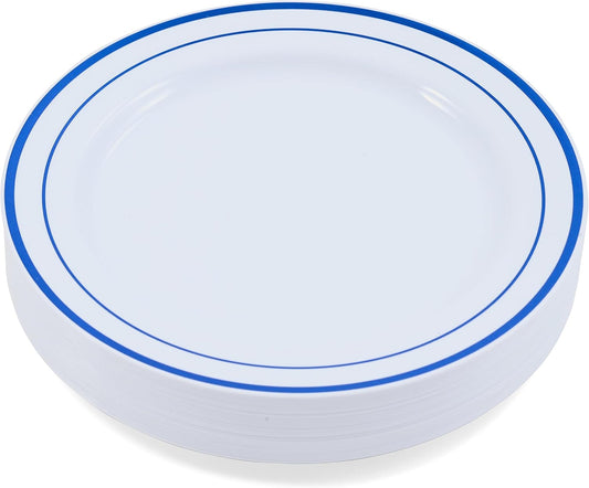 120-Piece Dinner Plastic Plates Set Premium 120 Dinner Plates, Disposable Plates for Party - White Plastic Wedding Plates with Blue Rim