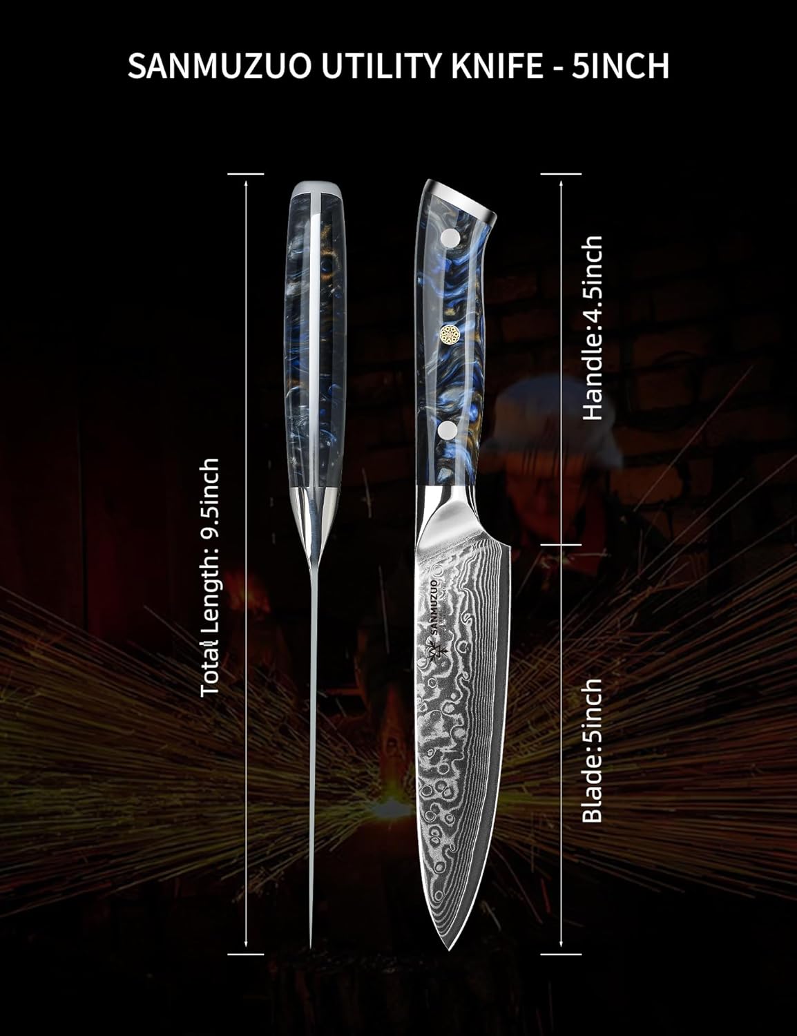 5 Inch Kitchen Utility Knife - Xuan Series Kitchen Knives - VG10 Damascus Steel with Resin Handle (Starry Black)