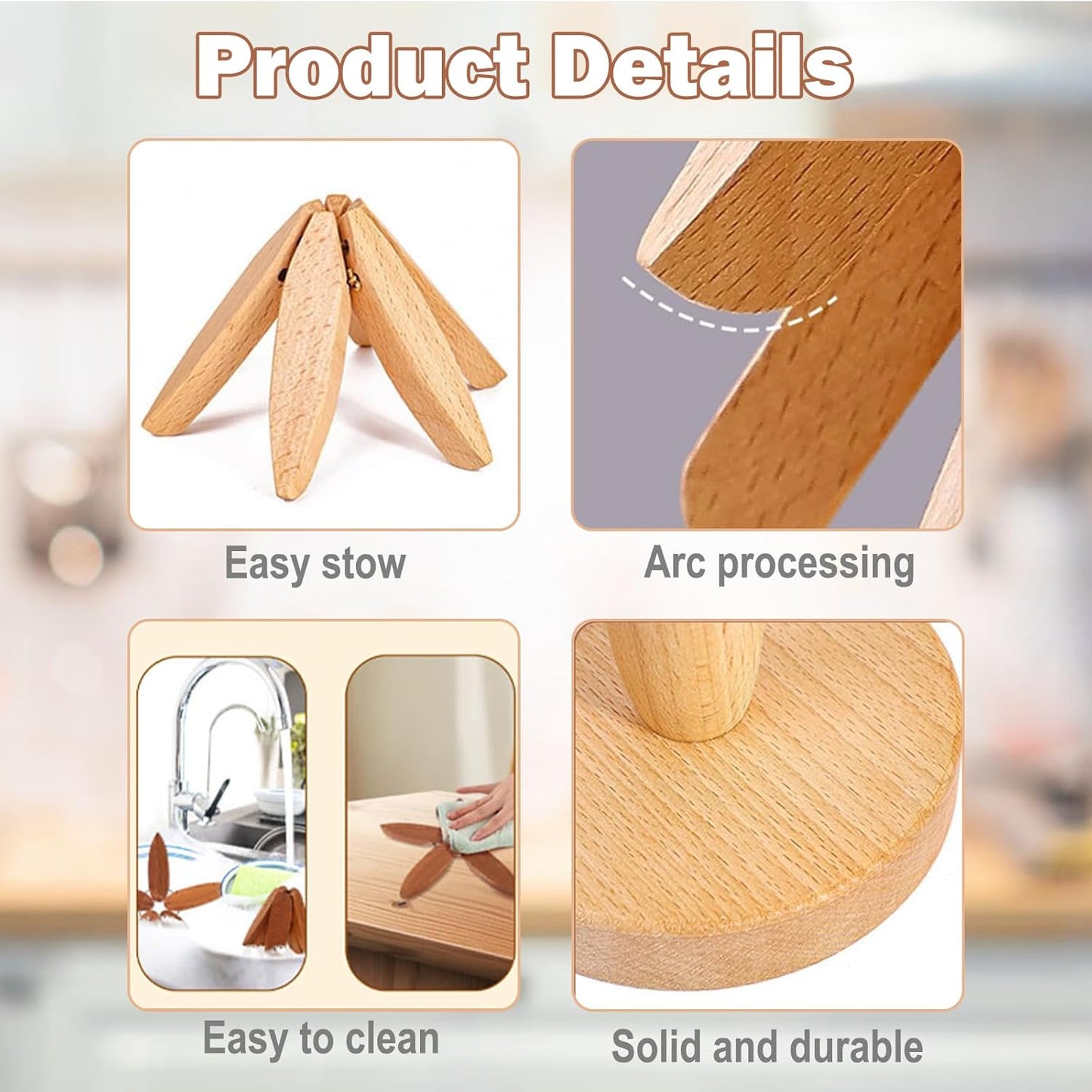 Wooden Trivets for Hot Dishes, Foldable Kitchen Trivet, Tree Shape Trivets Set - 4 Trivet & 1 Stand, for Hot Pots Pans, Teapots, Frying Pans, Decoration (Beech Wood)