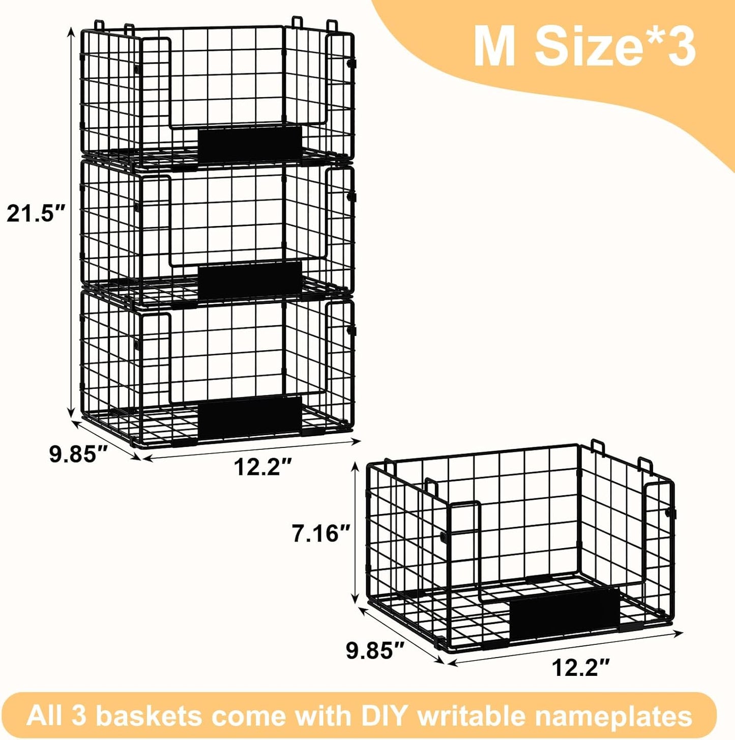 JKsmart 3 Pack Stackable Wire Baskets with NamePlates for Pantry Organizers and Storage, XL Fruit and Vegetable Basket, Metal Storage Bins for Snack Can Fruit Veggies, XL