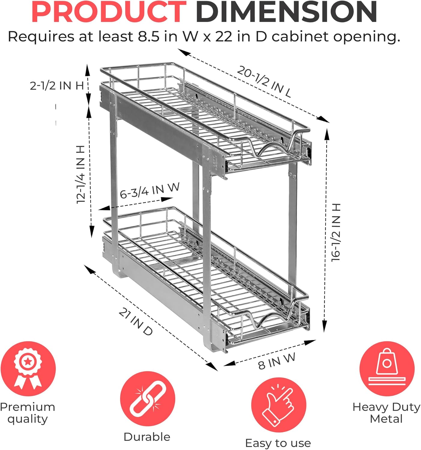 HOLDN’ STORAGE Two Tier Pull Out Cabinet Organizer, Individual Sliding Drawers - Heavy Duty Metal with Lifetime Limited Warranty - Anti Rust Chrome Finish - 8" W x 21”D x 16.5" H