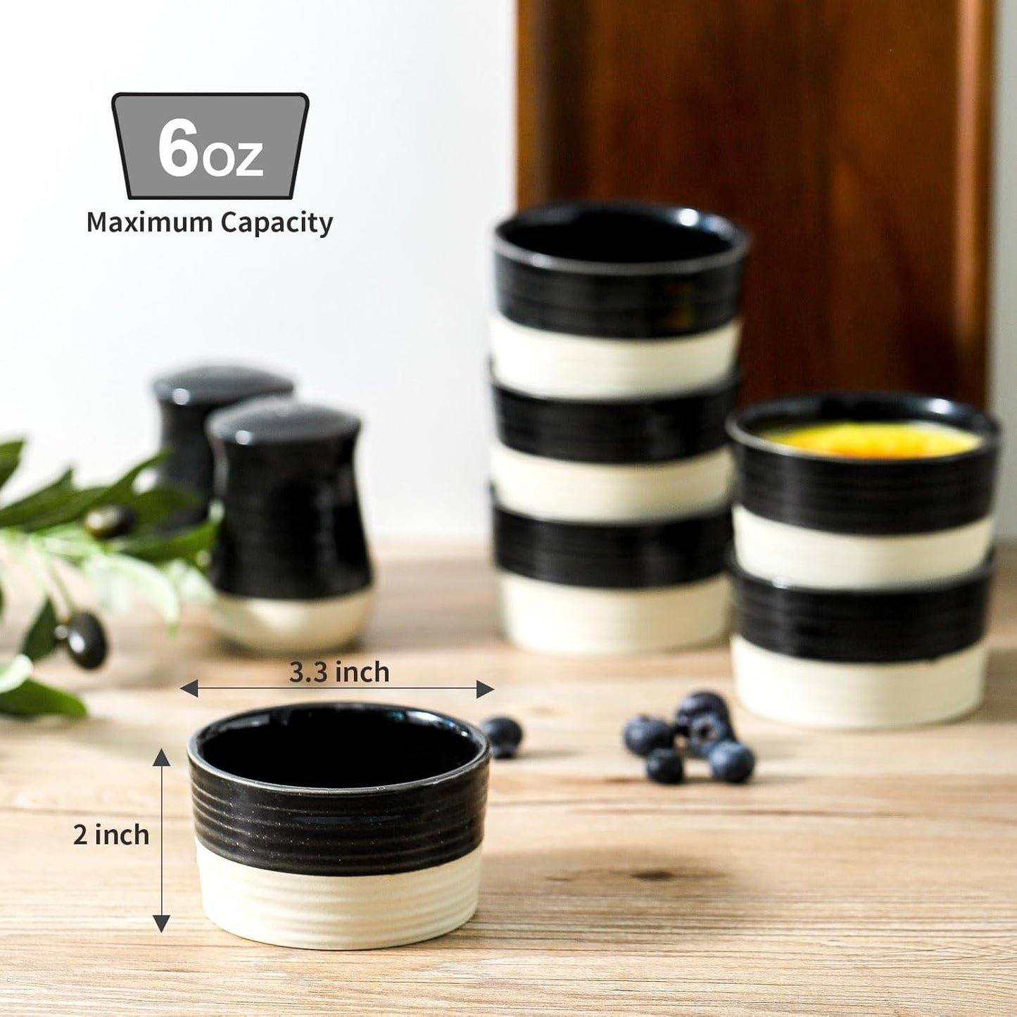Ramekins 6 OZ for Creme Brulee Oven Safe,Ceramic Souffle Cups Set of 6,Small Dipping Sauce Cups for Charcuterie,Dessert,Dipping Sauce,Custard and Pudding,Microwave & Oven Safe,Patchwork Black