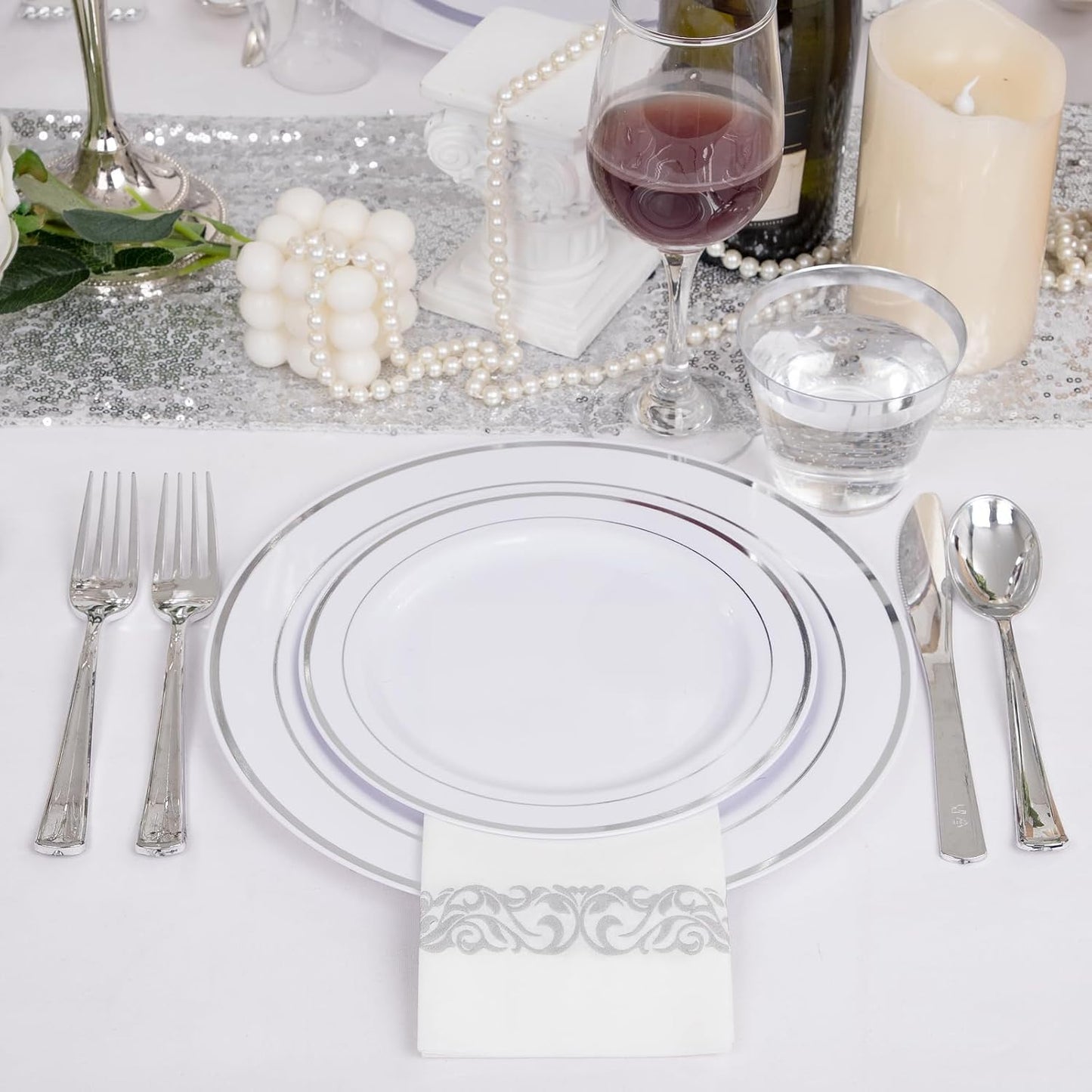 175Pcs Silver Plastic Dinnerware Set, Plastic Plates Disposable for 25 Guests Include:25 Dinner Plates, 25 Dessert Plates, 25 Paper Napkins, 25 Cups, 25 Silver Plastic Silverware Set