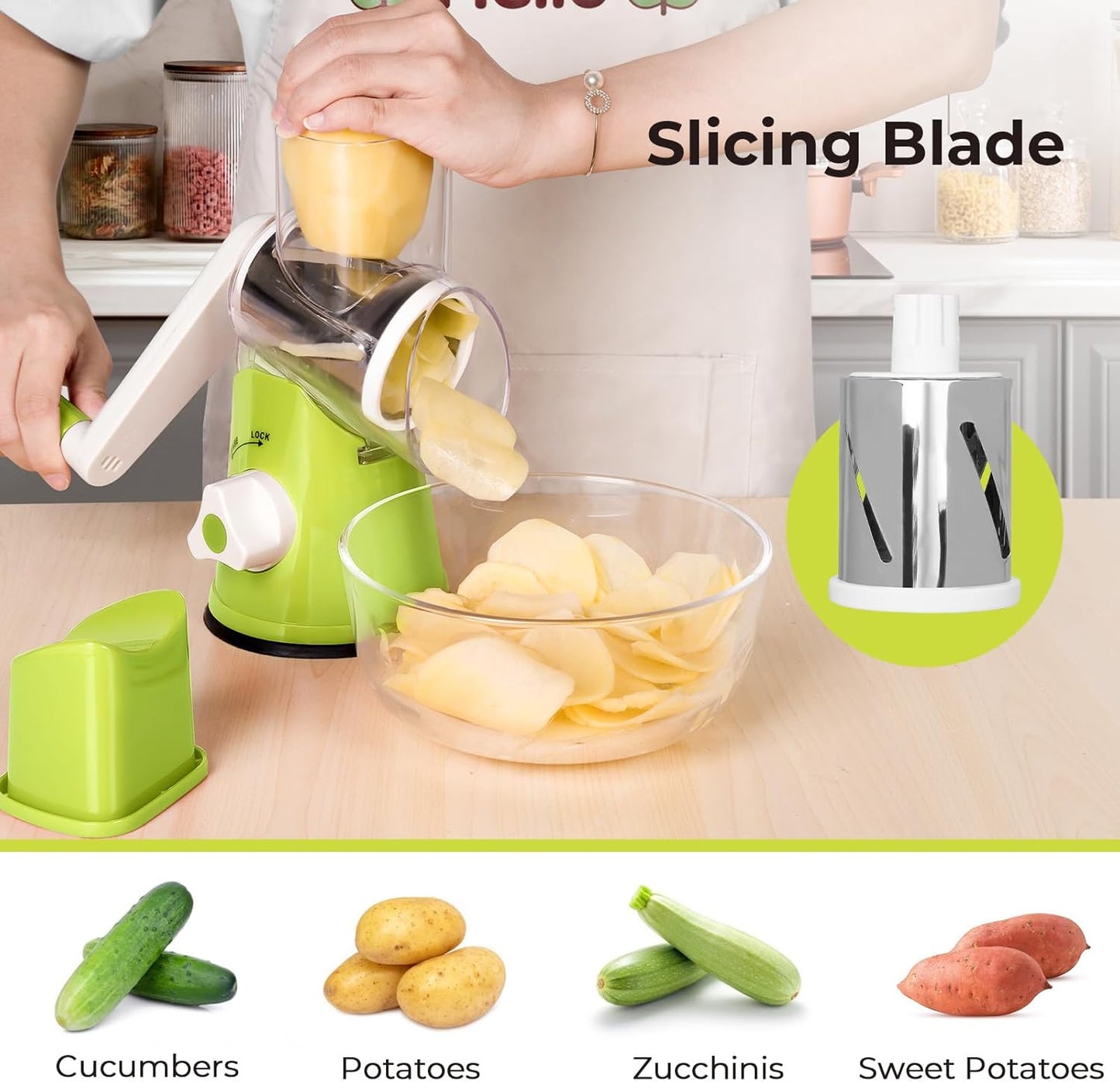 X Home Rotary Cheese Grater for Kitchen, Shredder with 3 Interchangeable Blades, Rotary Grater with Handle and Strong Suction Base, for Vegetables, Fruit, Nuts, Easy to Use and Clean, Green