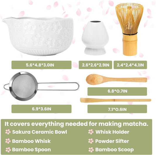 Matcha Whisk Set, Sakura White Ceramic Matcha Set Includes Matcha Bowl, Matcha Whisk (Chasen) and Holder, Sifter, Bamboo Scoop & Spoon - 6 Pcs Matcha Kit for Matcha Lovers