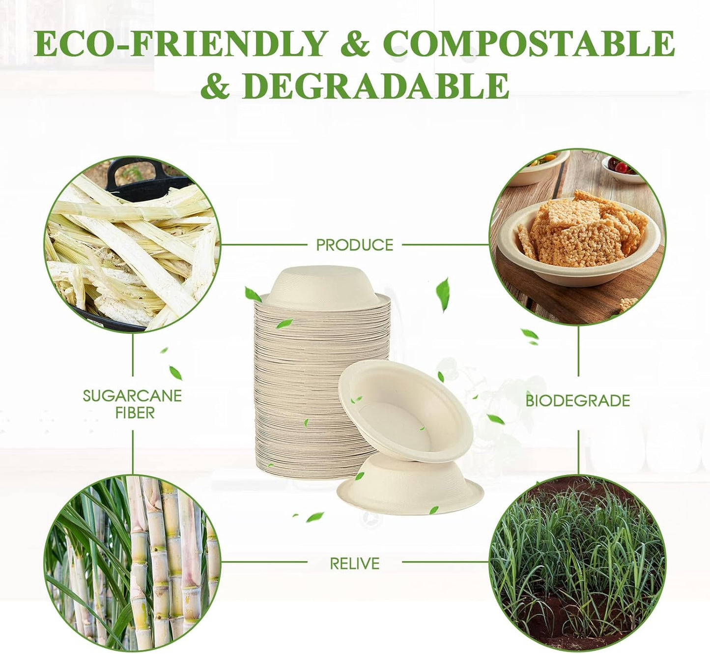 Vplus 200 Pack 12 OZ Paper Bowls, Disposable Compostable Bulk, Eco-friendly Bagasse, Heavy-duty Bowls Perfect for Milk Cereals, Snacks, Salads