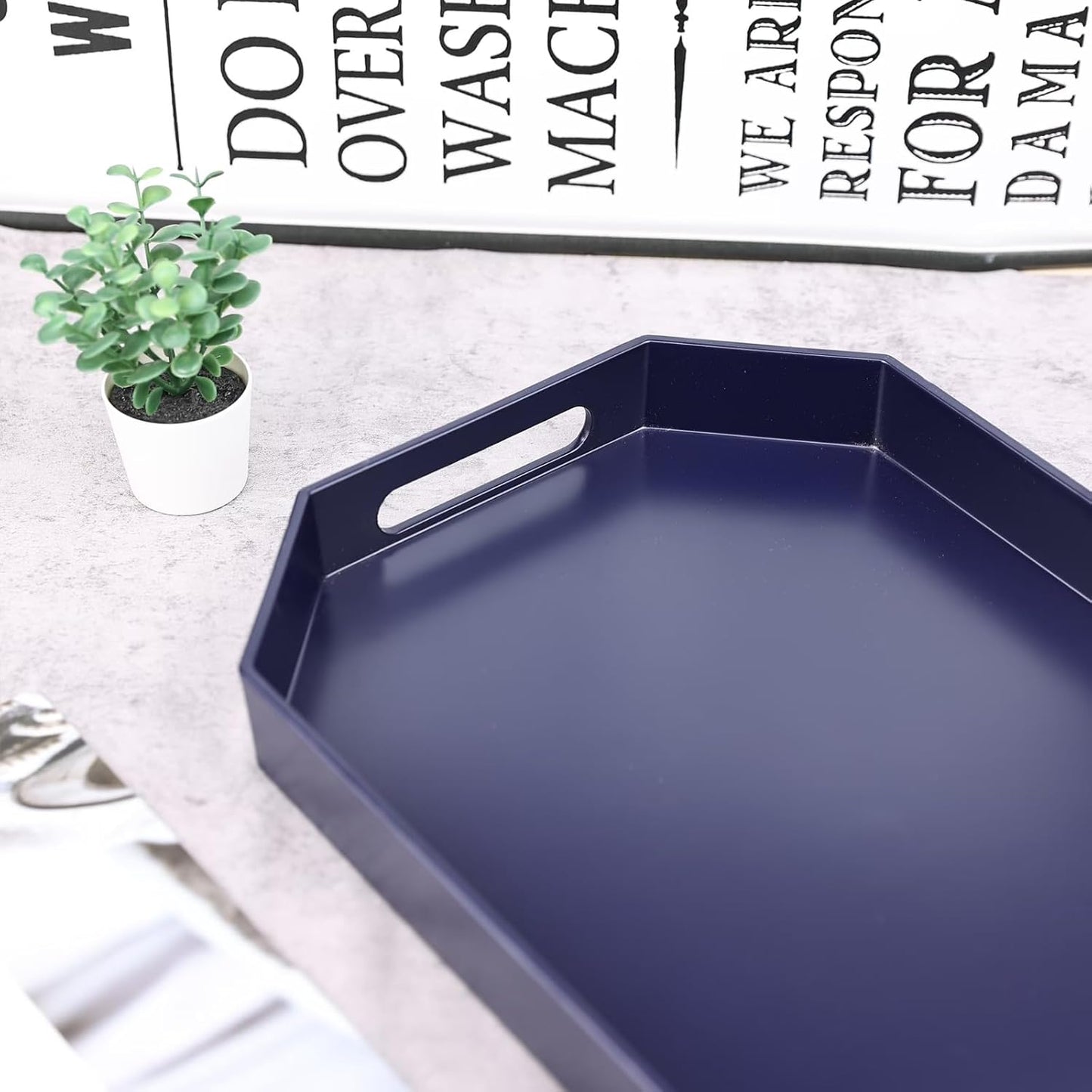 Navy Blue Octagonal Serving Tray with Handles for Coffee Table, Plastic Decorative Tray for Ottoman, Kitchen Counter, Living Room, Outdoor Lacquer Tray for Entertaining