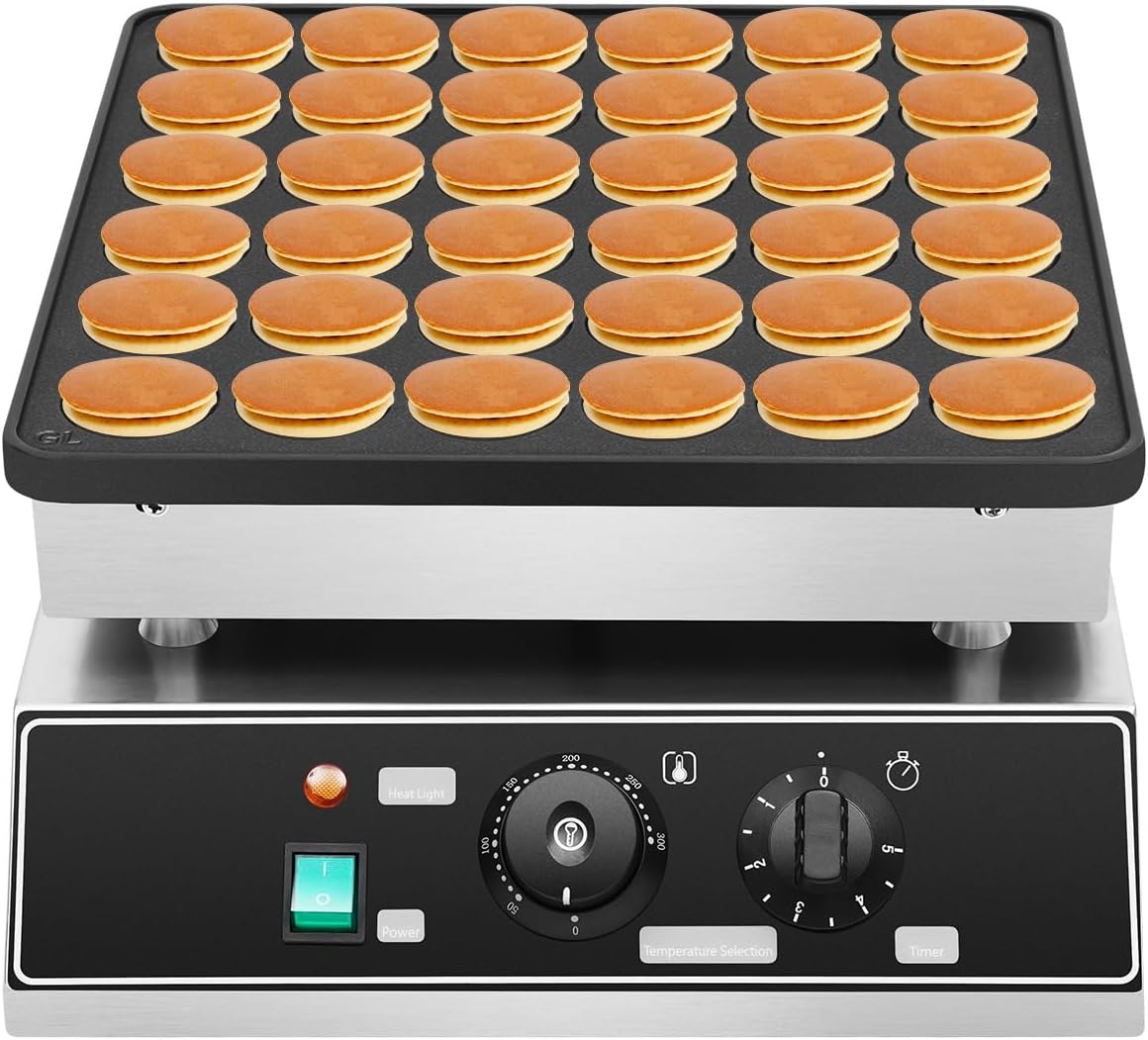 1000W Commercial Mini Pancake Maker, 36 Grids Electric Mini Pancake Griddle Non-Stick Stainless Steel Dutch Pancake Maker w/Time & Temper Adjustable, Large Waffle Machine for Restaurant Party Food