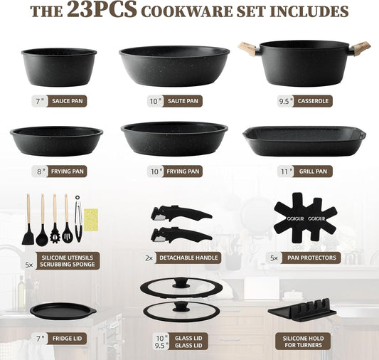 23Pcs Ceramic Cookware Set Non Stick Pots and Pans Set Non Toxic with Detachable Handle Induction Kitchen Cookware Set Space Saving, Oven & Dishwasher Safe, Black
