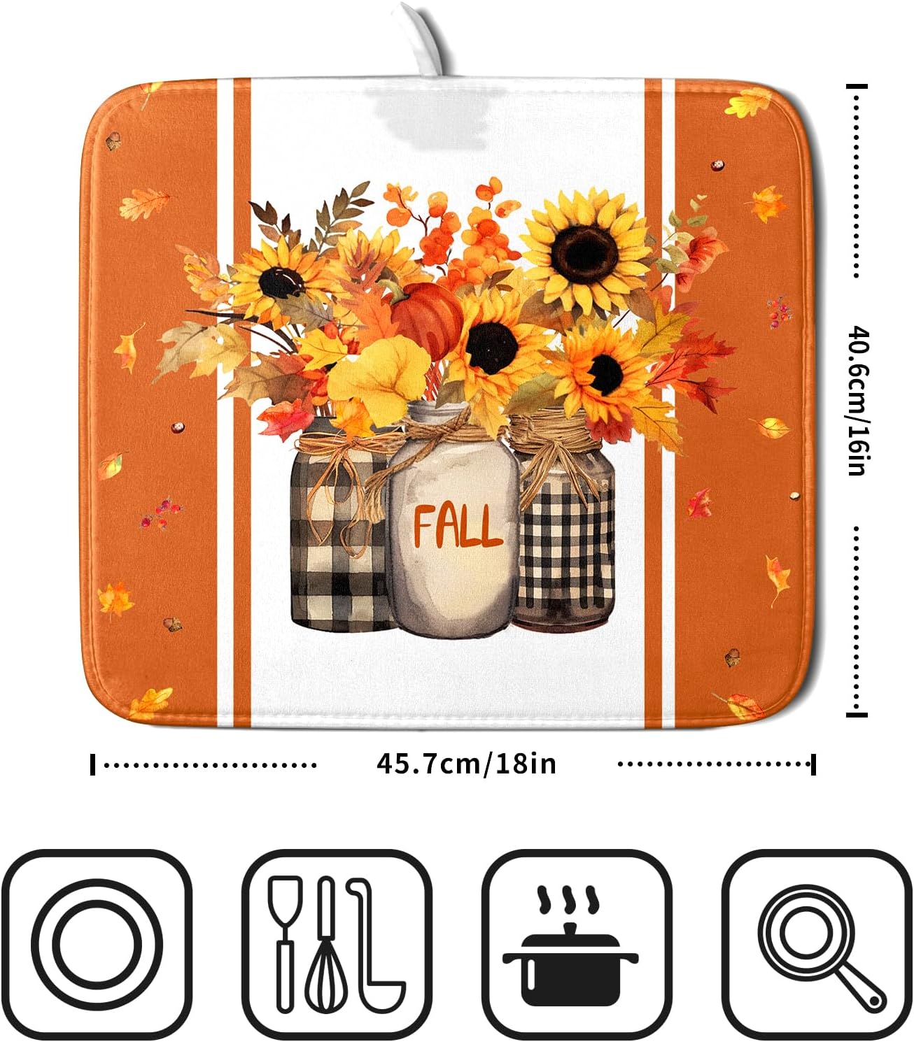 Fall Sunflower Dish Drying Mat for Kitchen Counter -Thanksgiving Autumn Flower Maple Leaves Bouquet Vase Absorbent Fast Dry Dishes Drainer Rack Mat Protector Pad 18x16in