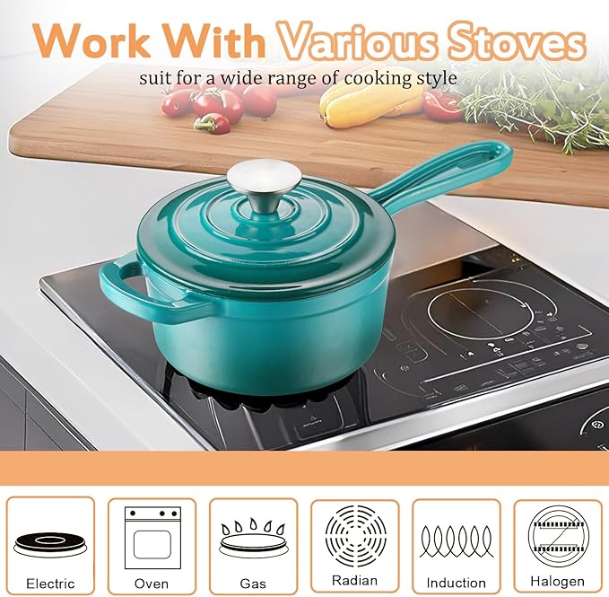 Enameled Cast Iron Sauce Pan, 1 Quart Enameled Saucepan with Lid, Mini Dutch Oven Enamel Saucepan for Cooking Pasta Sauce, Gravy, Puddings, Marinate, Boiling (Blue Green)