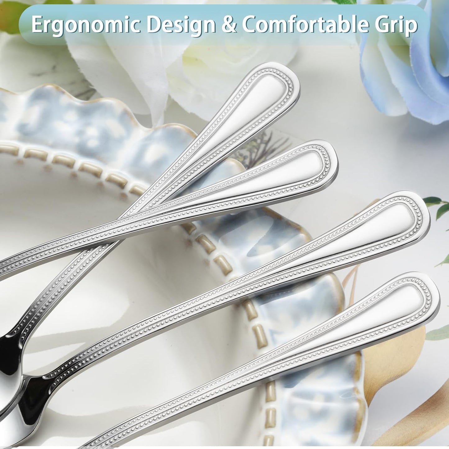 24-Piece Dinner Fork Set, 8-Inch Silverware, Stainless Steel, Elegant Pearl Dot Handle, Dishwasher Safe