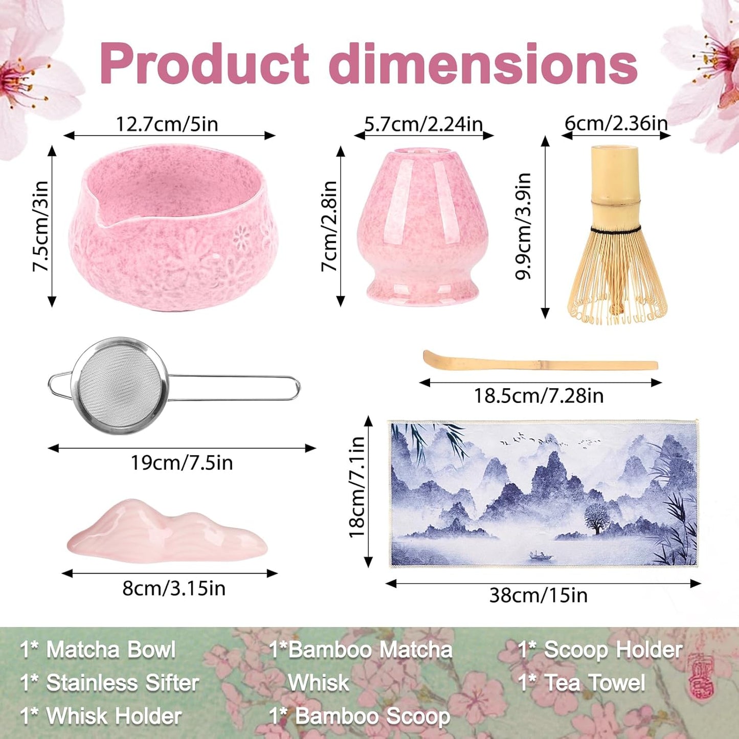 Matcha Whisk Set, 7 Pcs Matcha Kit Includes Matcha Bowl, Whisk and Holder, Bamboo Scoop, Scoop Rest, Sifter and Tea Towel, Gift for Matcha Lover (Pink)