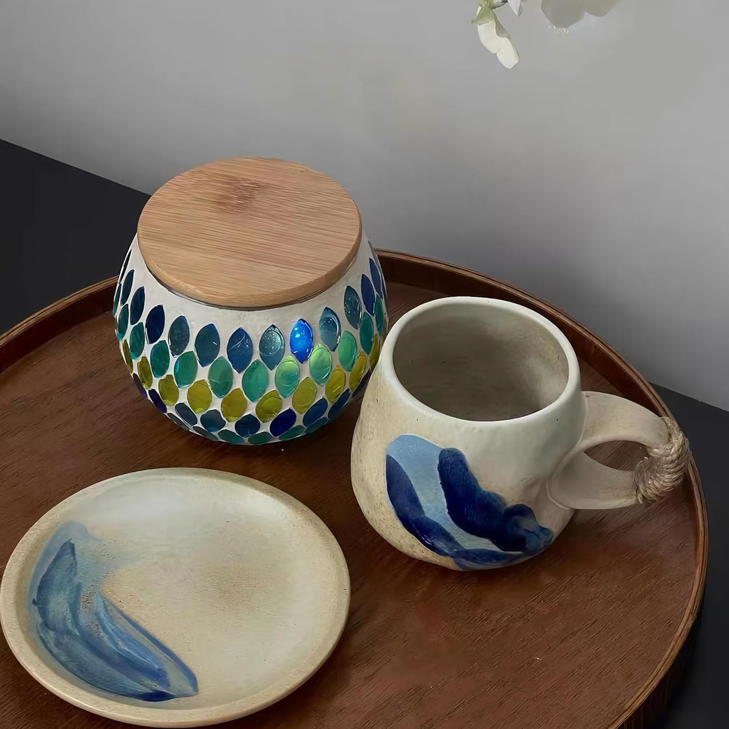 10oz Unique Vintage Retro Japanese Handmade Ceramic Cappuccino Barista Cup with Saucer – Artisanal Stoneware Coffee Mug, Lead-Free Latte Art Mug (1, White)