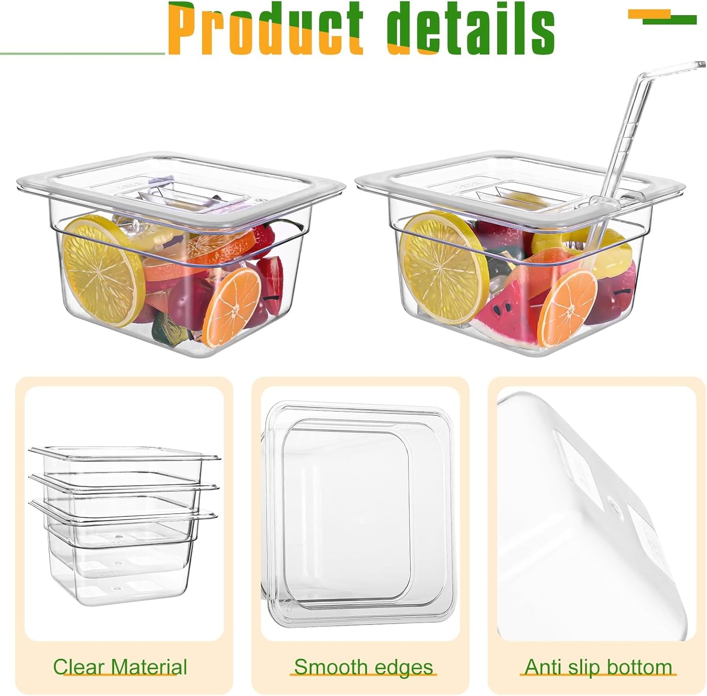12 Pack Plastic Clear Food Pan with Lids, 1/6 Size 4'' Deep Commercial Stackable Polycarbonate Pans Hotel Food Storage Pan with 1 Pcs Spoon for Fruits Vegetables
