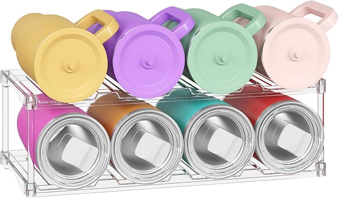 Lifewit Stackable Water Bottle Storage Organizer, Clear Tumbler Cup Mug Organizer, Plastic Large Compartment Wine Rack for Fridge Cellar Kitchen Pantry Storage, 2Tier Hold 8