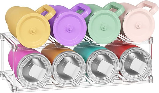 Lifewit Stackable Water Bottle Storage Organizer, Clear Tumbler Cup Mug Organizer, Plastic Large Compartment Wine Rack for Fridge Cellar Kitchen Pantry Storage, 2Tier Hold 8