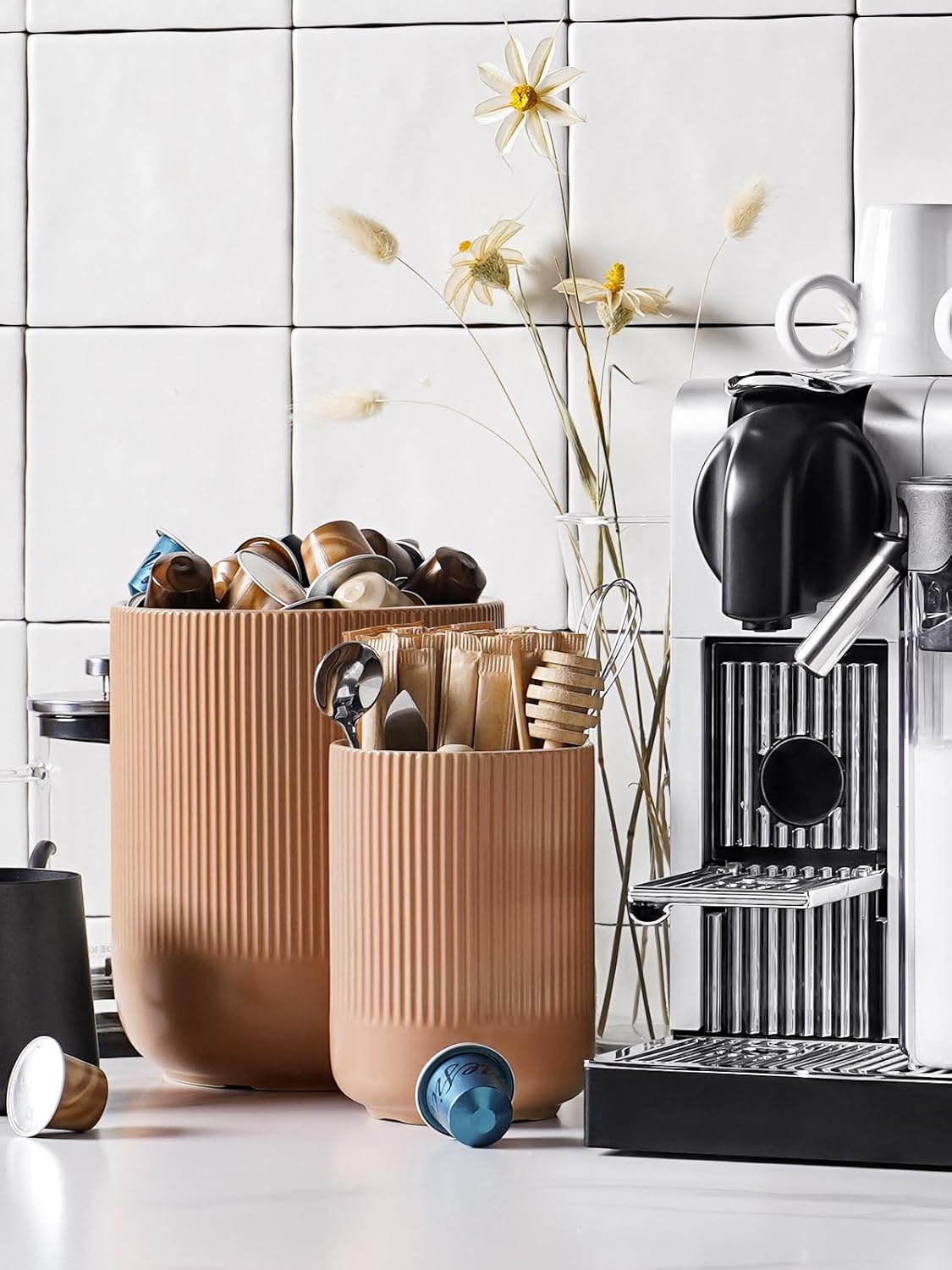 LE TAUCI Utensil Holder, 7.3"+5.4" Ceramic Kitchen Utensil Holder for Countertop, Large Cooking Utensil Crocks for Kitchen Counter, Modern Utensil Organizer for Spatula, Set of 2, Dusty Pink