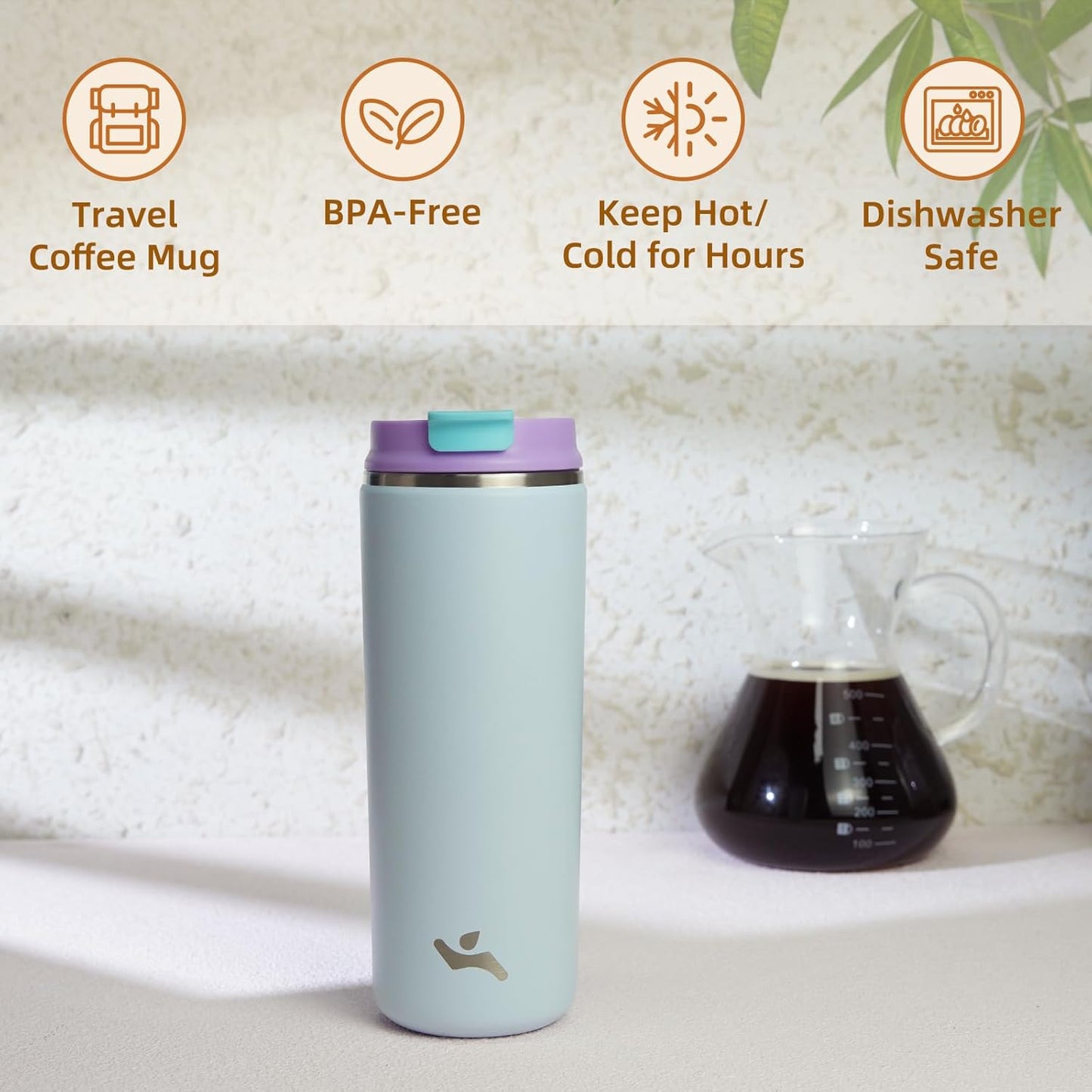 Tumbler with Lid, 16 oz Travel Coffee Mug Double Wall Vacuum Stainless Steel Thermal Metal Cup Insulated Water Bottle,Haze Ash