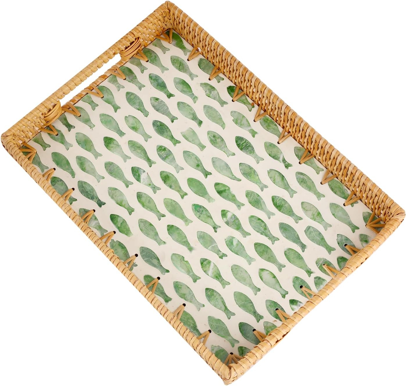 Rectangle Rattan Tray with Mother of Pearl Inlay, Rattan Serving Tray with Handle for Coffee, Bread, Fruits, Snacks, Decorative Wicker Tray for Table Decor (Rectangle Green Fish, 13"×9")