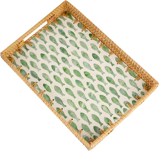 Rectangle Rattan Tray with Mother of Pearl Inlay, Rattan Serving Tray with Handle for Coffee, Bread, Fruits, Snacks, Decorative Wicker Tray for Table Decor (Rectangle Green Fish, 13"×9")