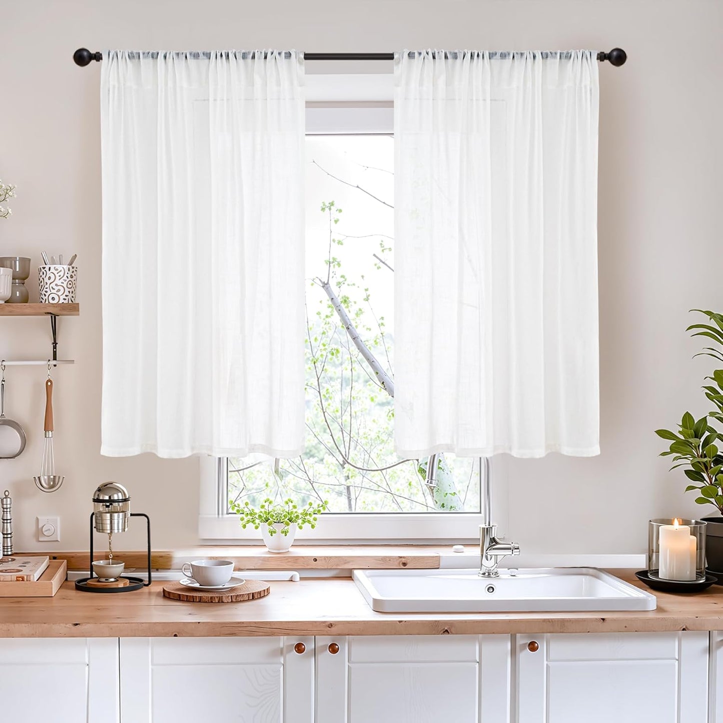 BGment 40 Inches Long White Linen Curtains for Kitchen Cafe Window - Semi Sheer Short Length Drapes with Rod Pocket Light Filtering for Bedroom Bathroom Lightweight, 2 Panels Set, 42 X 40 Inch