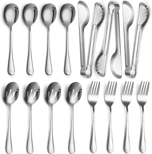Patelai 15 Pieces Christmas Stainless Steel Silver Serving Utensils Set 8.7" Large Spoons and Slotted Spoon 9.45" Tong 9" Forks Flatware Wedding Party Buffet Banquet Cooking Kitchen Catering