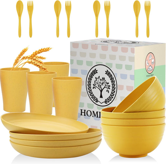 Wheat Straw Dinnerware Sets, Homienly 20pcs Unbreakable Microwave Dishwasher Safe Tableware Lightweight Bowls, Cups, Plates Set Reusable Dinner Plates Bowls set (Yellow)