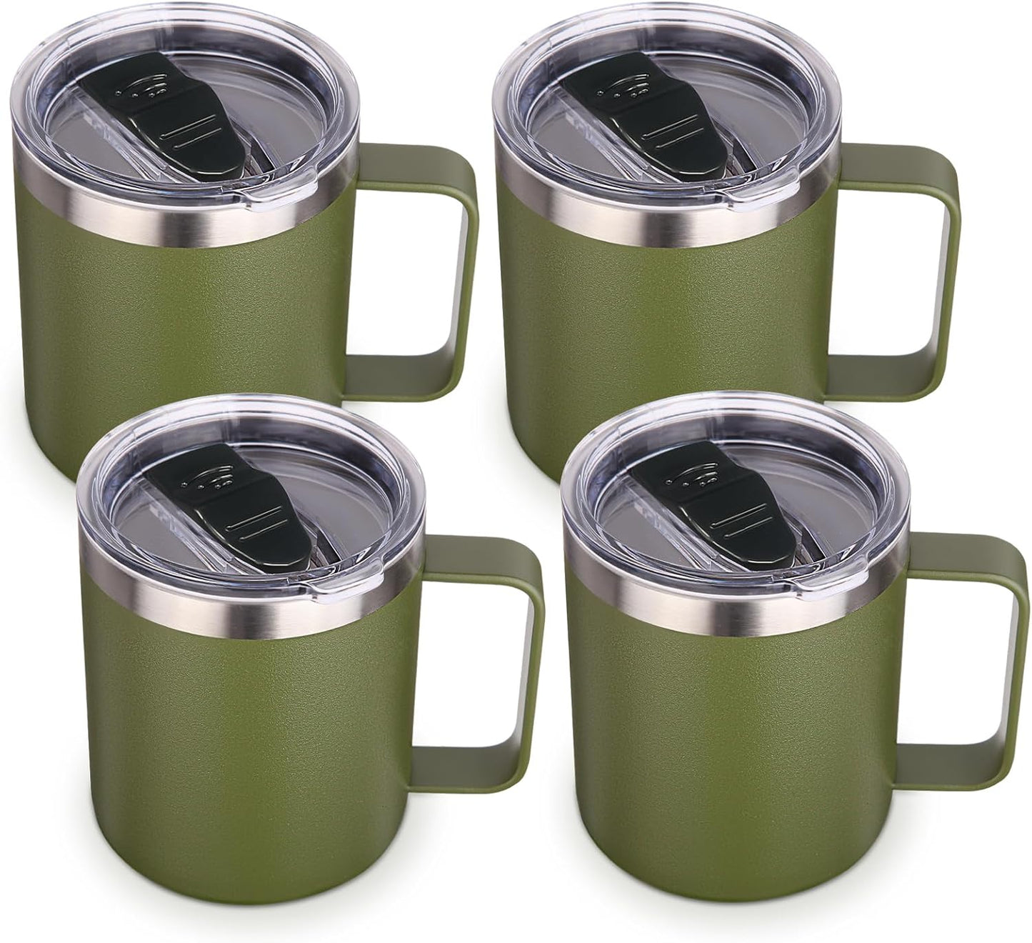 Volhoply 14oz Insulated Stainless Steel Coffee Mug with Lid Bulk 4 Pack,Double Wall Vacuum Travel Coffee Cup with Handle,Reusable Cups Tumbler,Camping Mugs Keep Hot,Ideal Gifts(Army Green,4)