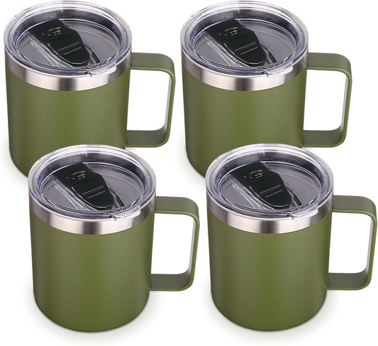 Volhoply 14oz Insulated Stainless Steel Coffee Mug with Lid Bulk 4 Pack,Double Wall Vacuum Travel Coffee Cup with Handle,Reusable Cups Tumbler,Camping Mugs Keep Hot,Ideal Gifts(Army Green,4)