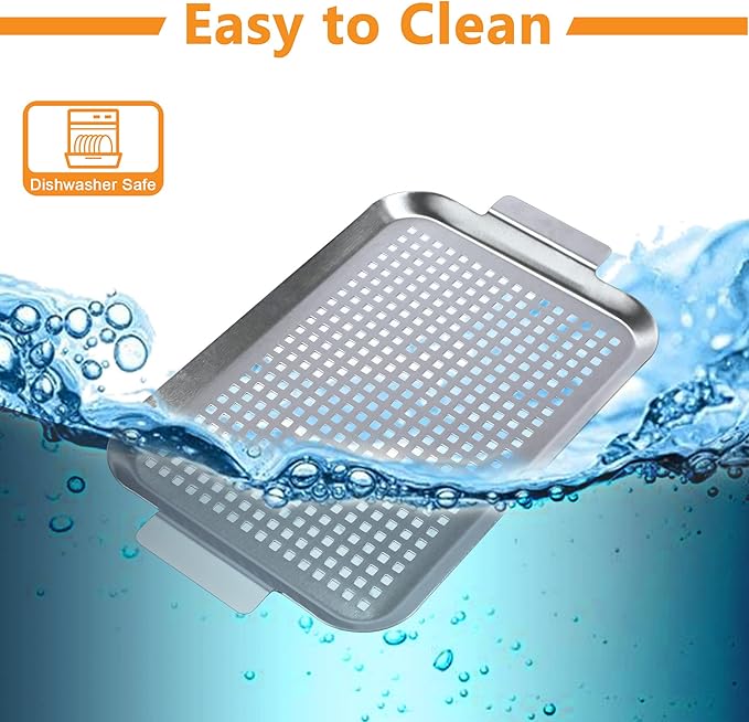 Grill Pan Set of 2, BBQ Grill Topper for Outdoor Grill, Stainless Steel Grilling Baskets with Holes and Handles, Perforated Food Tray Barbecue Accessories for Vegetable, Fish, Middle x 2