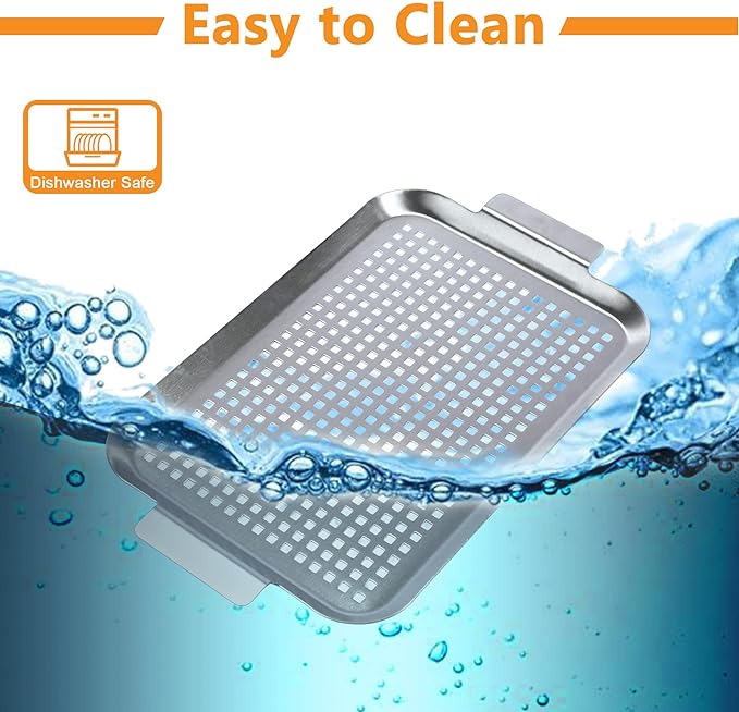 Grill Pan Set of 2, BBQ Grill Topper for Outdoor Grill, Stainless Steel Grilling Baskets with Holes and Handles, Perforated Food Tray Barbecue Accessories for Vegetable, Fish, Large