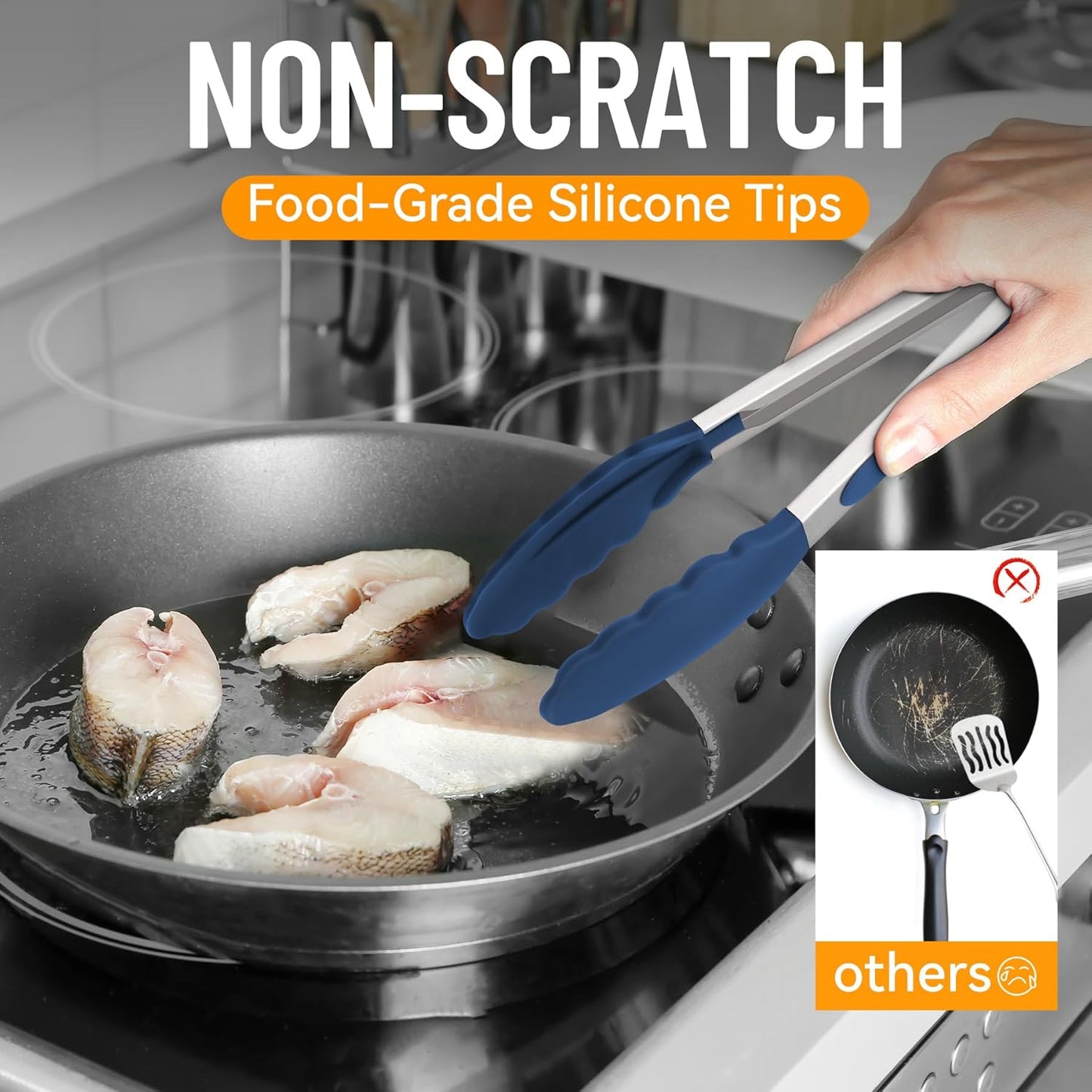 HOTEC Premium 7 & 9 Inch Kitchen Tongs, Stainless Steel Locking Cooking Tongs with Silicone Tips, Non-Scratch & Heat Resistant, Serving Tongs for Salad, BBQ, Classic Blue, Set of 2