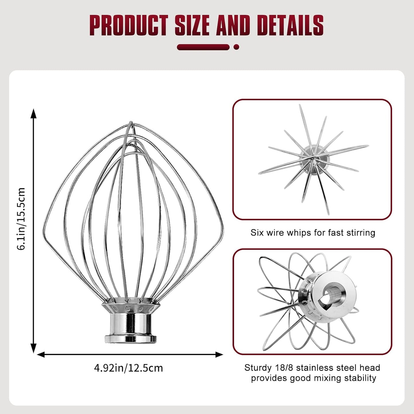Whole Stainless Steel K45WW Whisk Attachment for KitchenAid 4.5-5 Tilt-Head Mixer, Dishwasher Safe Wire Whip for Kitchen Aid