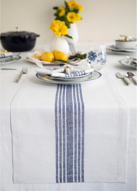 Solino Home Linen Striped Table Runner 108 Inches Long - Farmhouse 100% Pure Linen Navy and White Dining Table Runner 14 x 108 Inch for Fall, Autumn, Thanksgiving, Christmas, Holiday